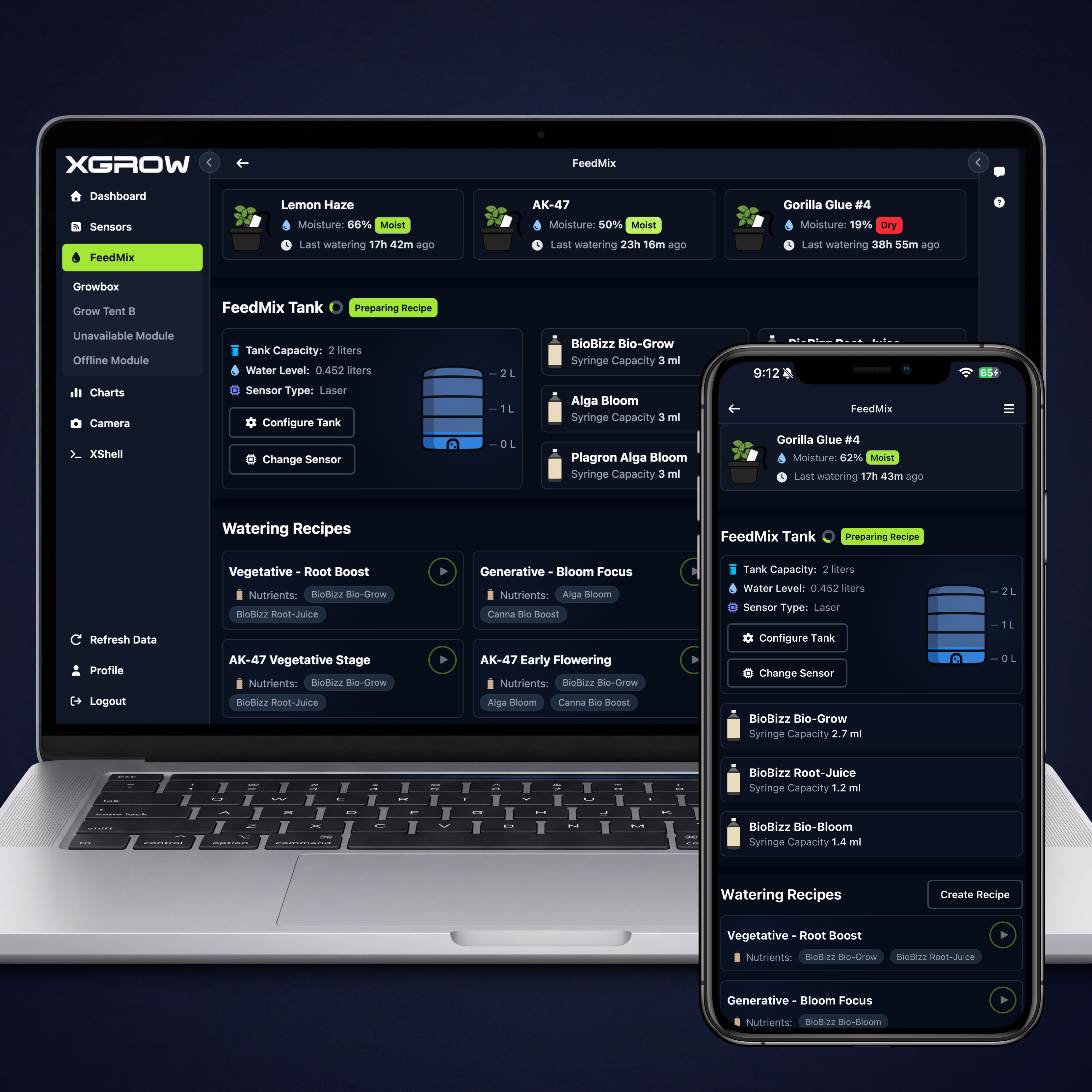 Laptop with the the FeedMix dashboard screen showing pots, nutrients and recipes